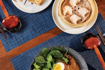 pork-filled tofu-skin rolls, shrimp dumplings, and beef ramen from Kittery's 518 Noodle Bar