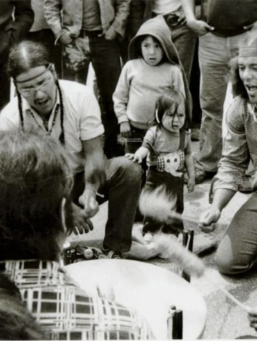 Tribal members rally outside the Maine State House during the long negotiation period between Judge Gignoux’s ruling and the signing of the Maine Indian Claims Settlement Act.