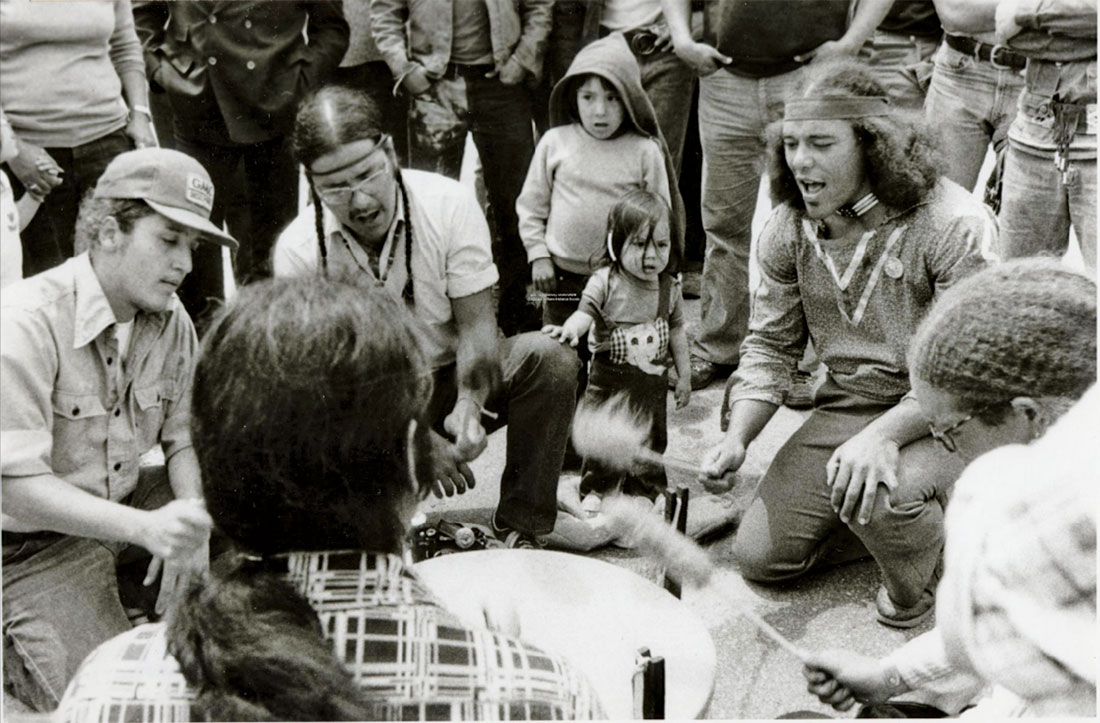 Tribal members rally outside the Maine State House during the long negotiation period between Judge Gignoux’s ruling and the signing of the Maine Indian Claims Settlement Act.