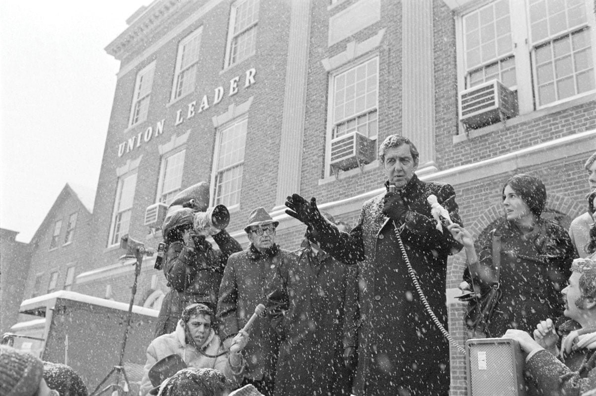 Edmund Muskie speaking outside the Manchester Union Leader