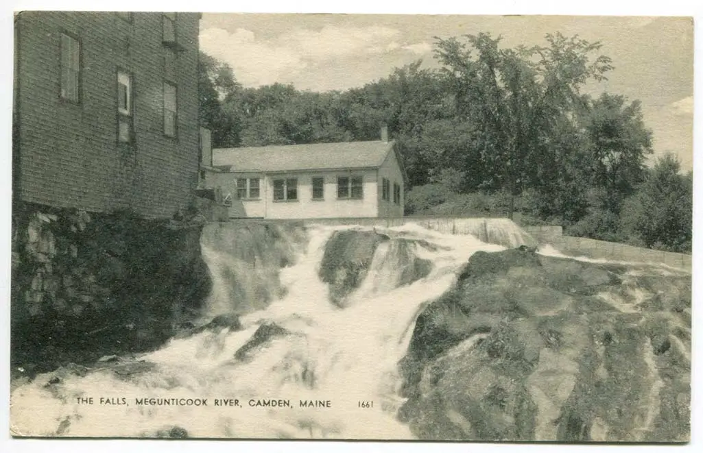 The falls created by the Montgomery Dam on an old postcard