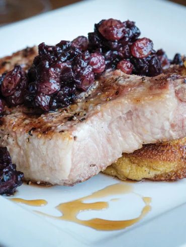 Wild Blueberry Mostarda made with Wyman's wild blueberries served over New England Johnnycakes