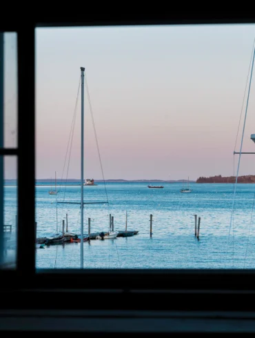 The view of Rockland Harbor from a window on The Apprenticeshop's workshop floor.