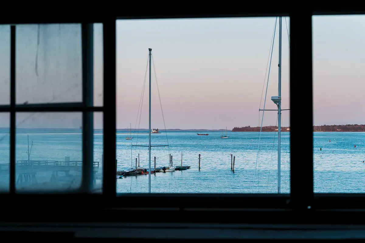 The view of Rockland Harbor from a window on The Apprenticeshop's workshop floor.