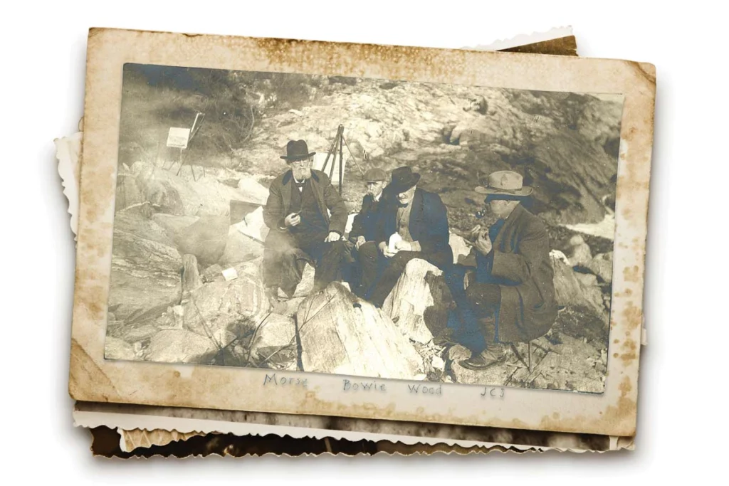 Old photo of members of the Brushians, a Portland-based painting group, are, from left, George Frederick Morse, Frank Louville Bowie, John T. Wood, and John Calvin Stevens