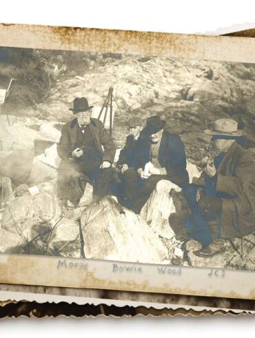 Old photo of members of the Brushians, a Portland-based painting group, are, from left, George Frederick Morse, Frank Louville Bowie, John T. Wood, and John Calvin Stevens