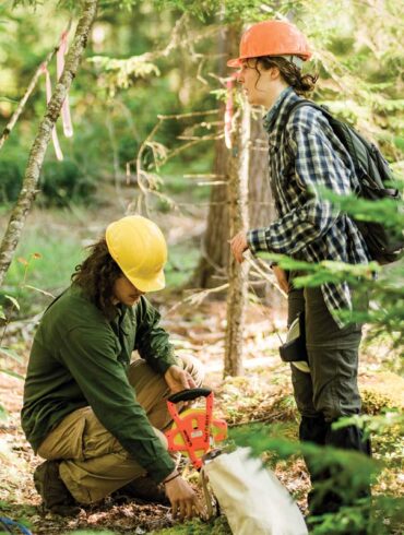 Jack McCann (left), a research technician in UMaine’s forest-ecology program, takes measurements with Marin Harnett, a summer research technician from North Carolina in the Holt Research Forest