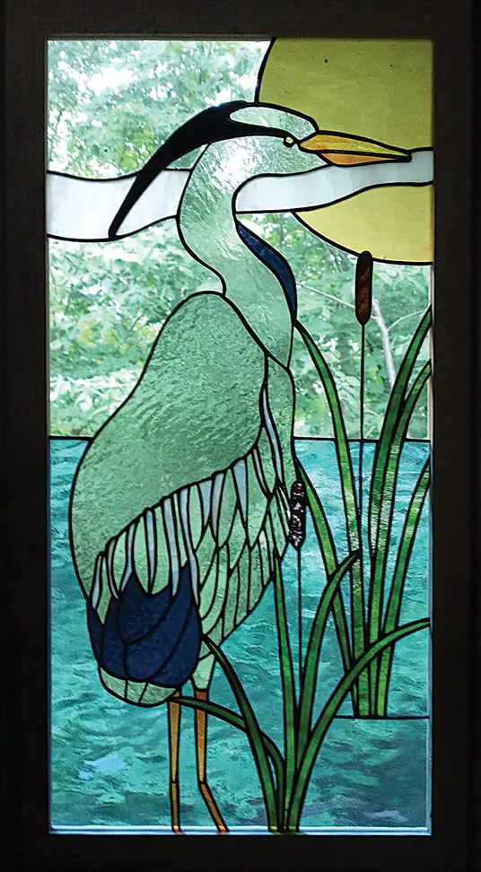 stained-glass great blue heron