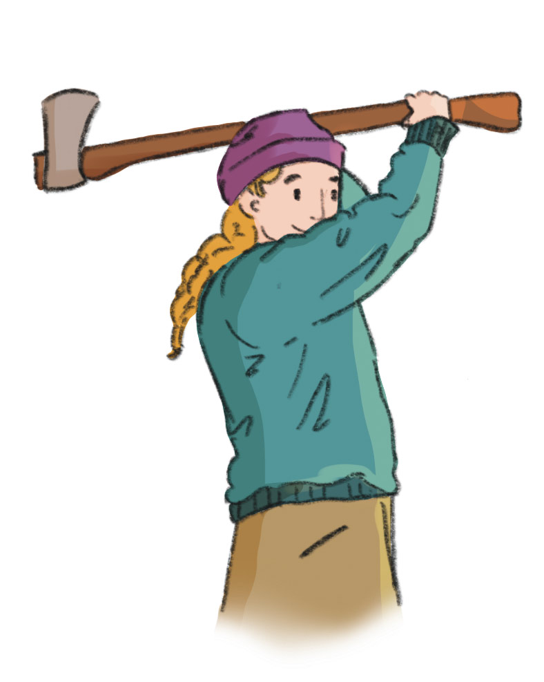 illustration of woman preparing to swing an axe