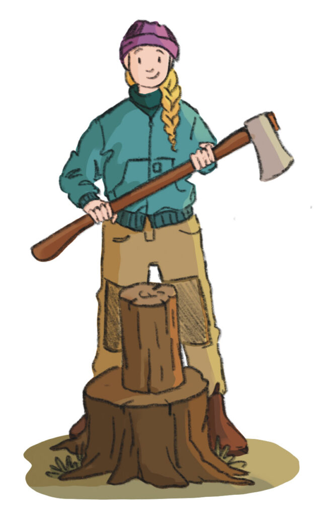 illustration of woman standing behind a log with an axe