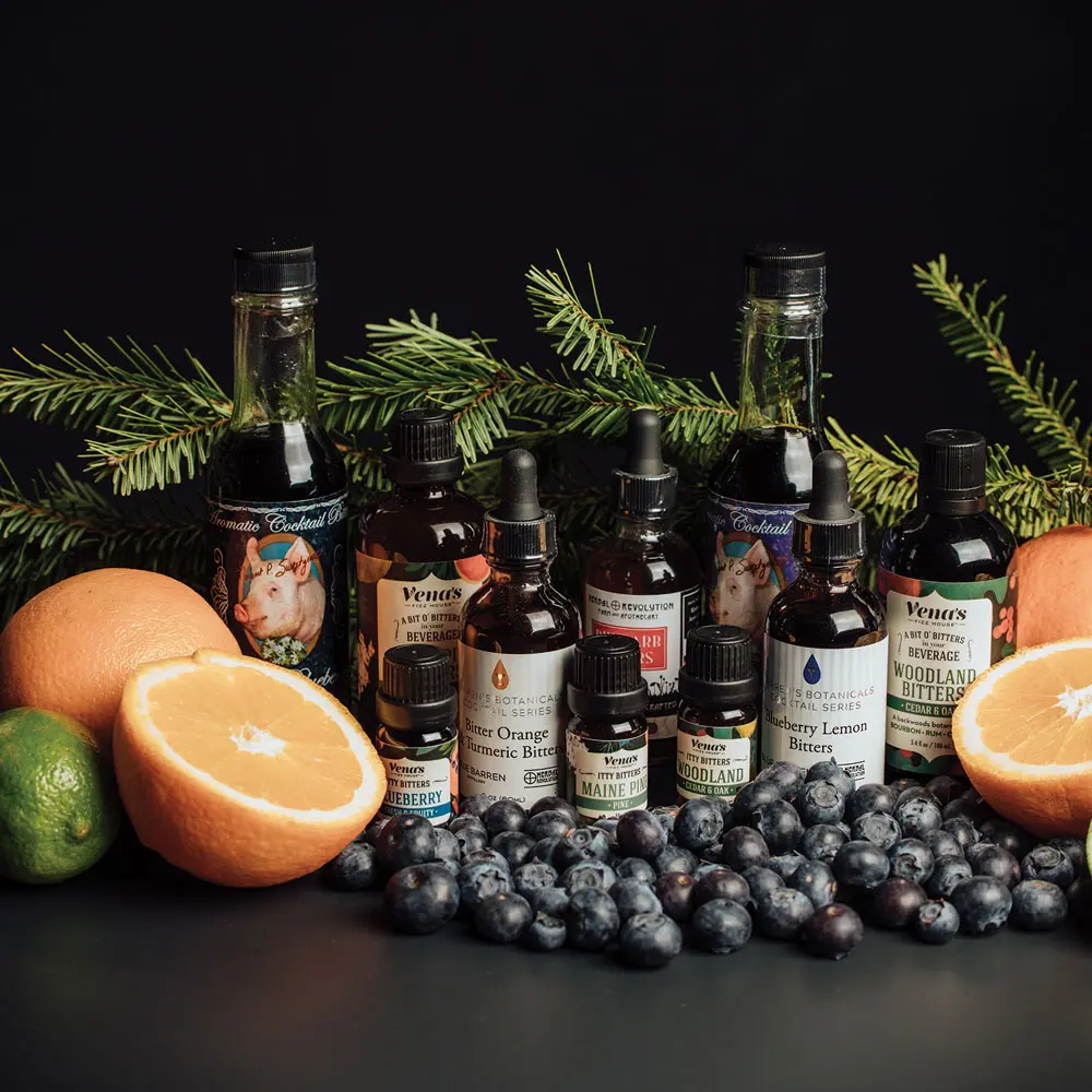 Maine-made bitters from Vena's Fizz House, Herbal Revolution, Sweetgrass Winery & Distillery, and Owl & Whale