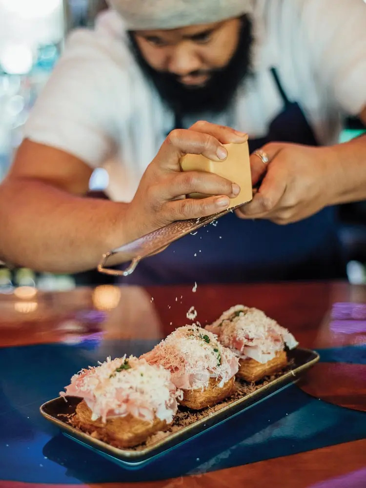 Beignets with local ham, dijonnaise, and Parmesan