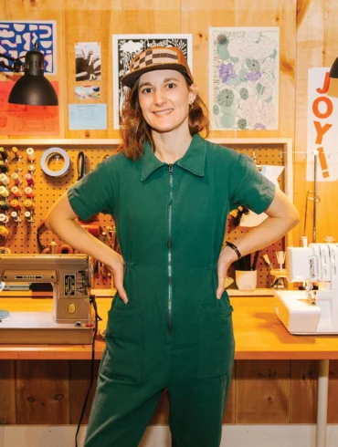Sarah Johnson, of Sundew Sewing Company, wearing one of her five-panel hats