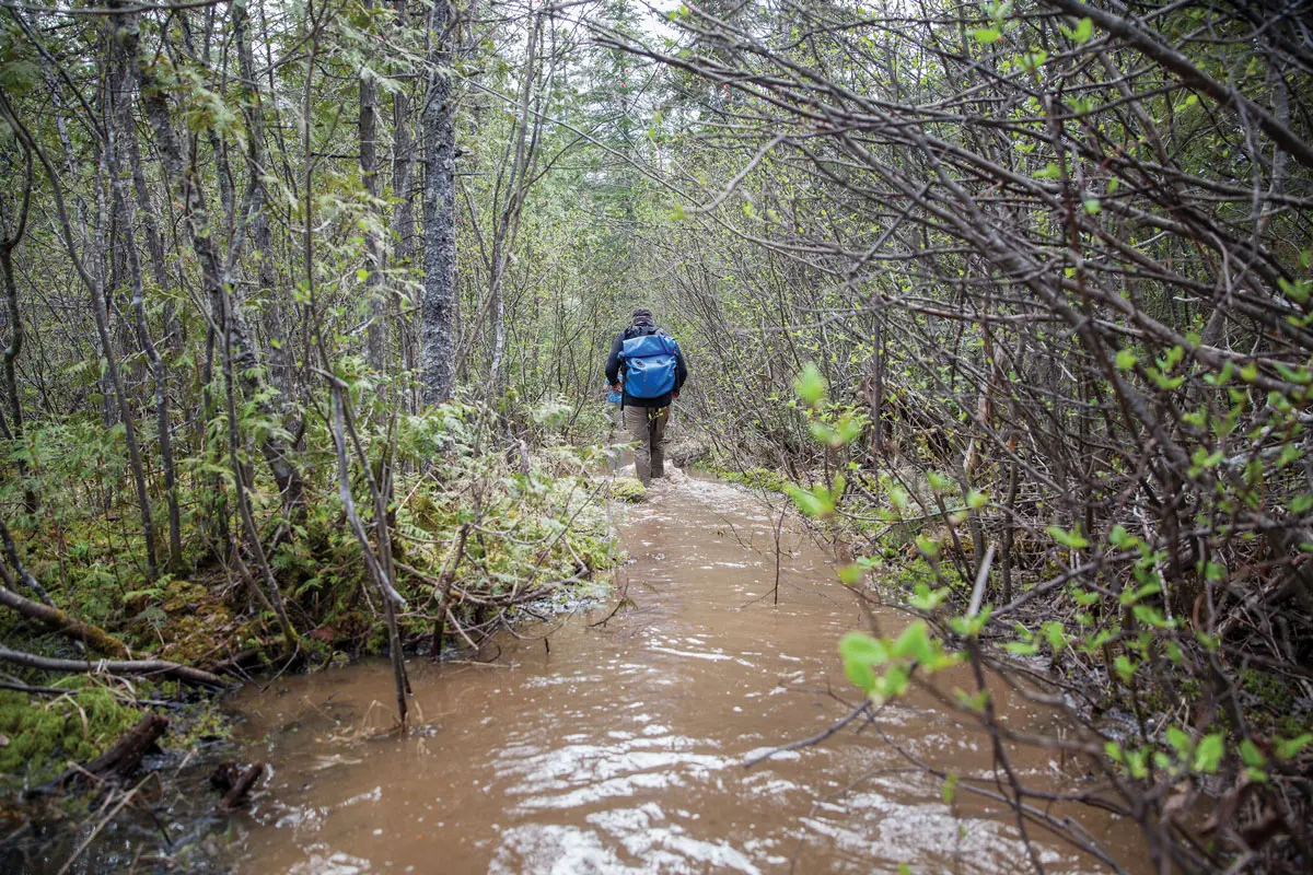 man walking through Mud Pond Carry