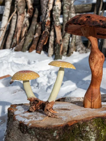 wooden mushroom sculptures by cousins Luke and Edmund Couture