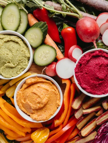 Harvest Maine dips and spreads nestled in a colorful vegetable platter