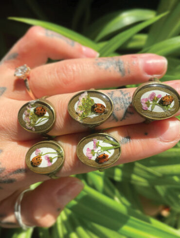 ring made of preserved ladybugs set in epoxy