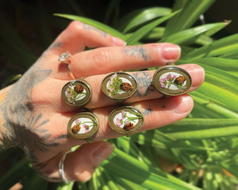 ring made of preserved ladybugs set in epoxy