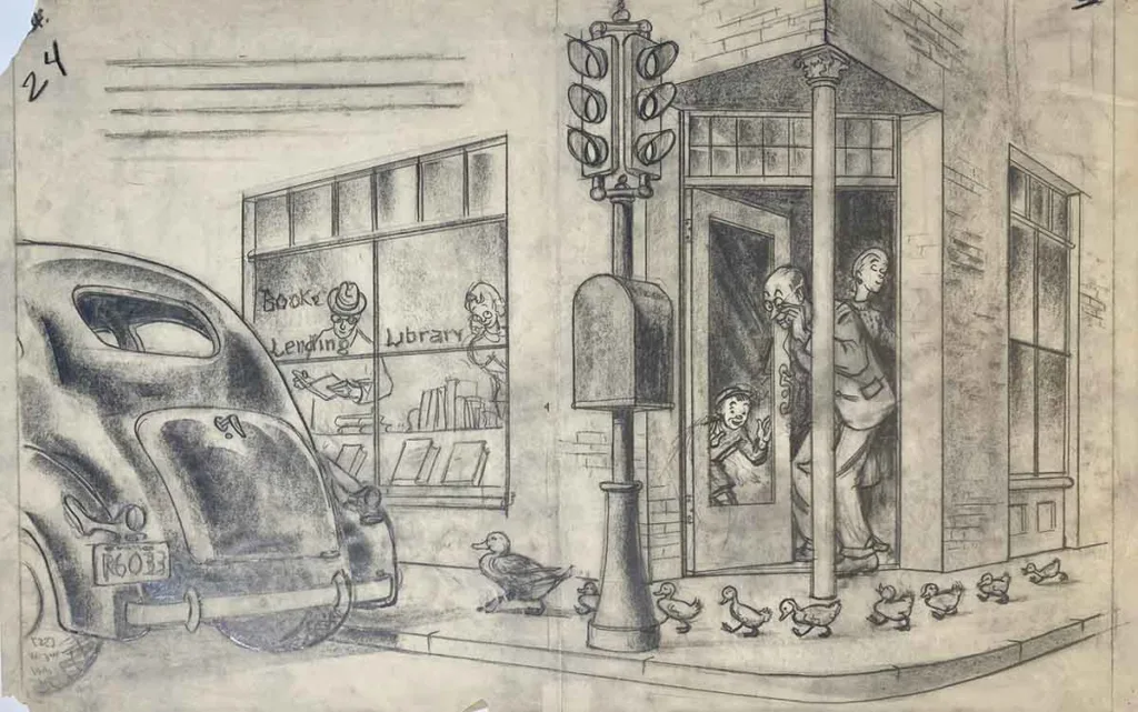 a sketch of ducks walking on the sidewalk of a busy street corner from Robert McCloskey's book "Make Way for Ducklings"