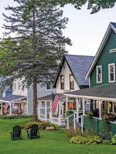 The cottages on Auditorium Park, where camp meetings were held in Northport’s Bayside Village, are named for the hometowns of the church societies that built them.