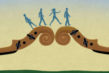 Illustration of DaPonte String Quartet members walking across bridge made of violin scrolls