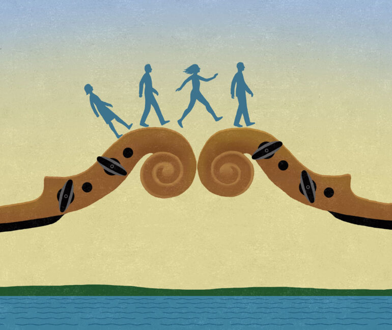 Illustration of DaPonte String Quartet members walking across bridge made of violin scrolls