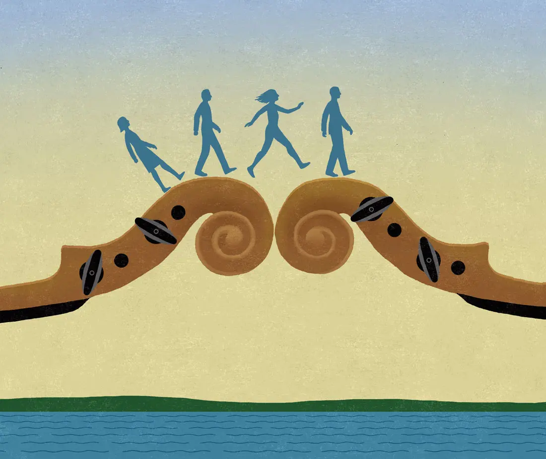 Illustration of DaPonte String Quartet members walking across bridge made of violin scrolls