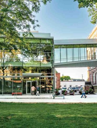 The skywalk linking the new Schupf Art Center and 1902 opera house