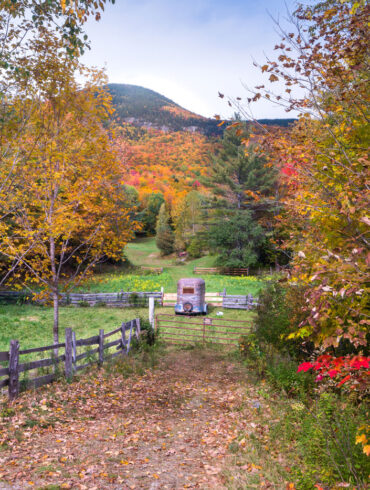 A farm road in Grafton Notch, with Mount Hittie looking down.