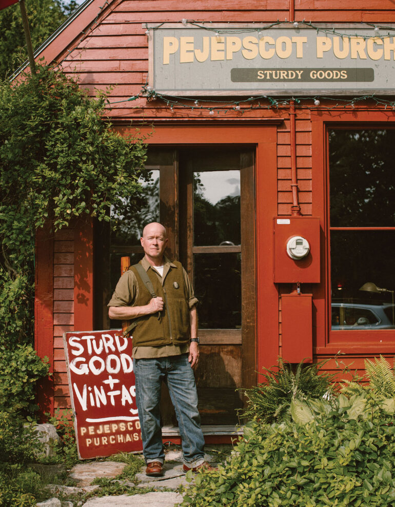 Phinney Baxter White standing outside Pejepscot Purchase in Topsham, Maine