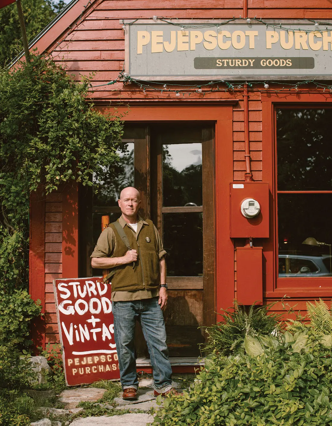 Phinney Baxter White standing outside Pejepscot Purchase in Topsham, Maine