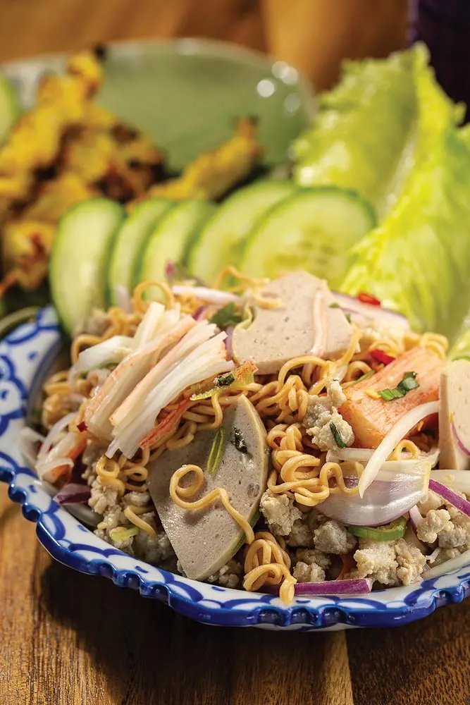 The Yum Mama, with Thai instant noodles, ground pork, imitation crab, and Vietnamese sausage