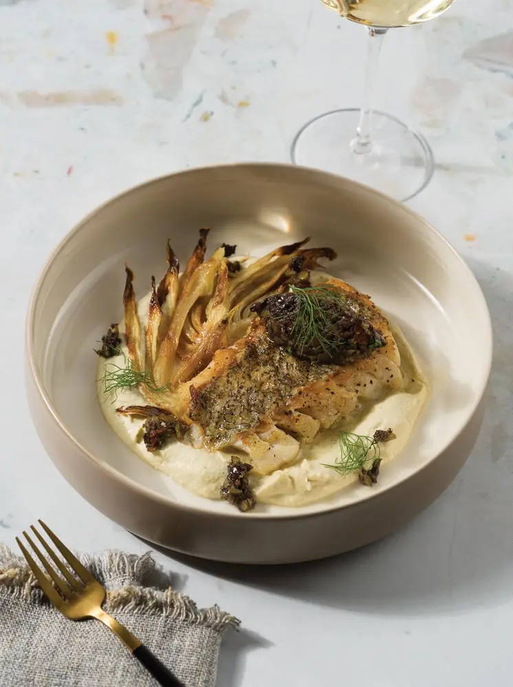 Hake with Roasted Fennel, Potage, and Tapenade