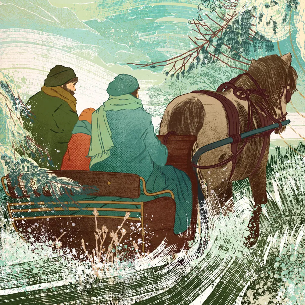 illustration of a family on a horse-drawn sleigh ride
