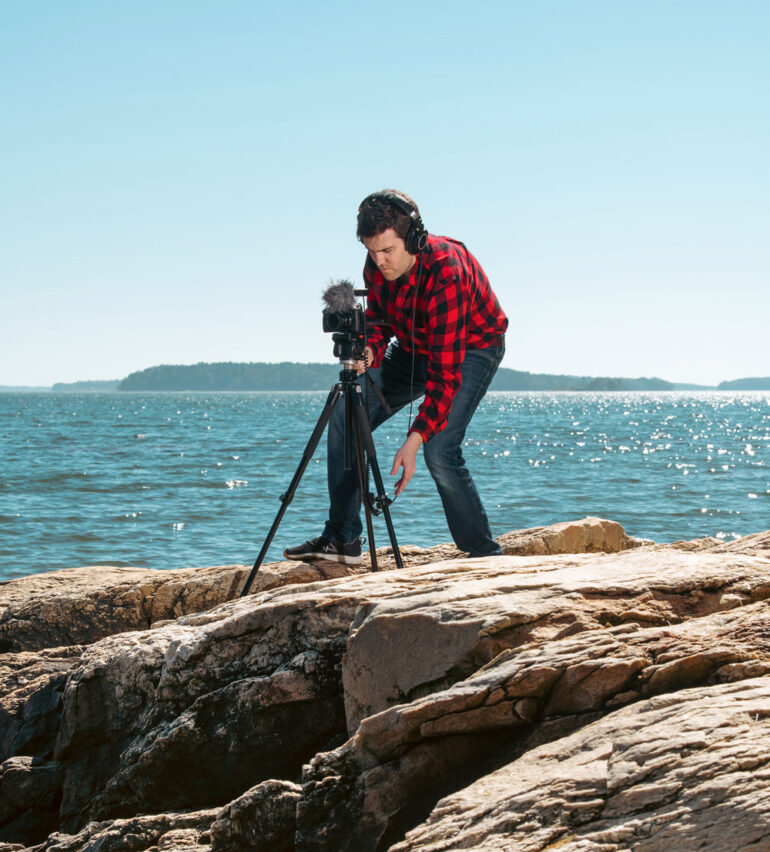 David Bruggink making field recordings for his Sounds of Maine audiovisual documentary project