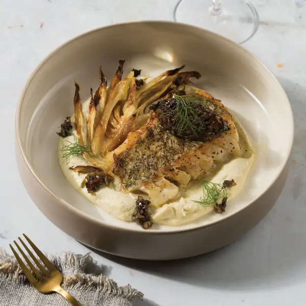 Hake with Roasted Fennel, Potage, and Tapenade