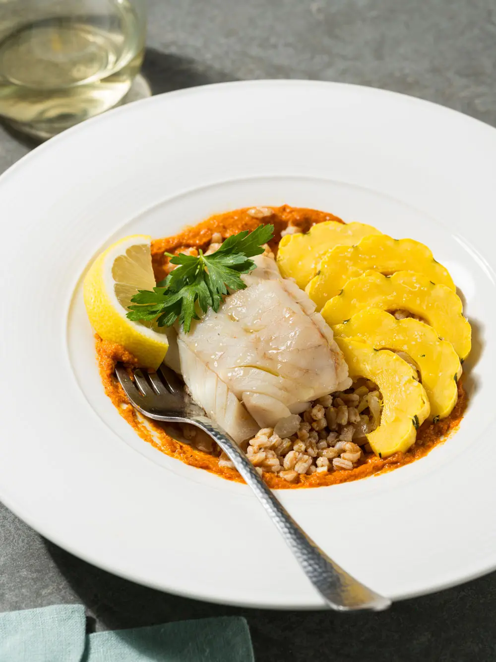 Pollock with Farro, Delicata Squash, and Romesco