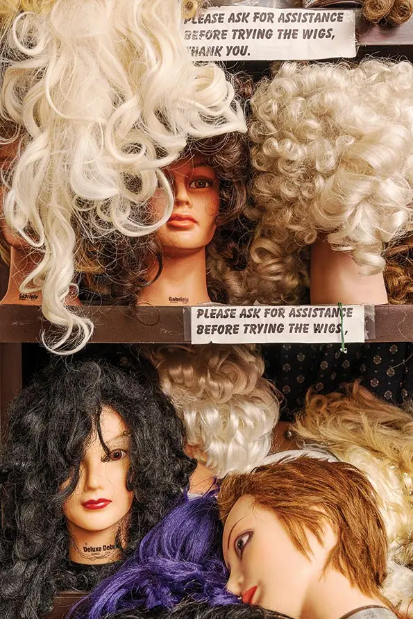 a portion of the vintage wig collection at Vintager Finery