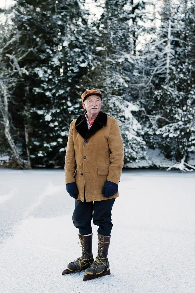 76-year-old Whiting resident Harold Crosby wearing his homespun skates made in 1961