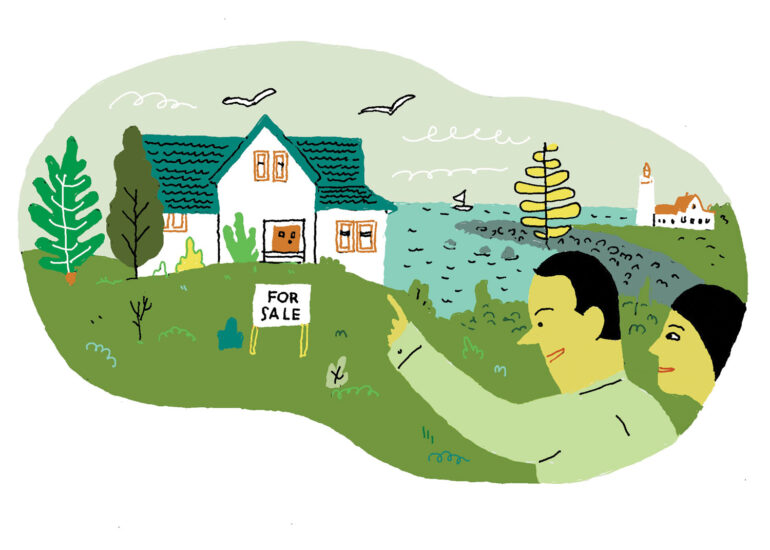 illustration of a couple pointing to Maine home they'd like to buy