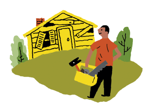 illustration of man with tool box walking towards a fixer-upper home