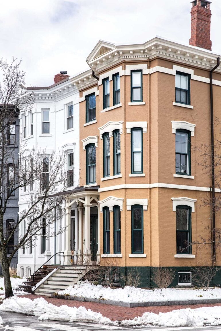 conjoined homes in Portland’s West End share a nearly identical outer shell