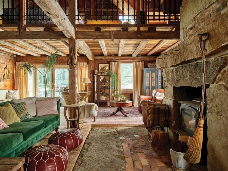 Stephanie and Bobby Masland’s 1819 dairy- barn-turned-home was moved from Minot to Harrison in 1999 and rebuilt with most of its original materials.