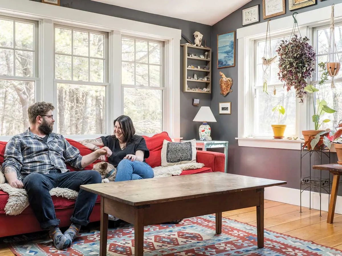 This Schoolhouse Rocks! In the living room, a shelf displays her crystal collection and a sheep’s skull she found on Metinic Island and a gallery wall.