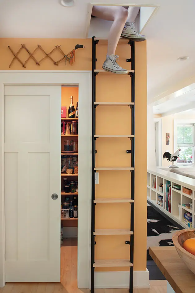 pantry with a pocket door next to a ladder that leads to a loft near the kitchen