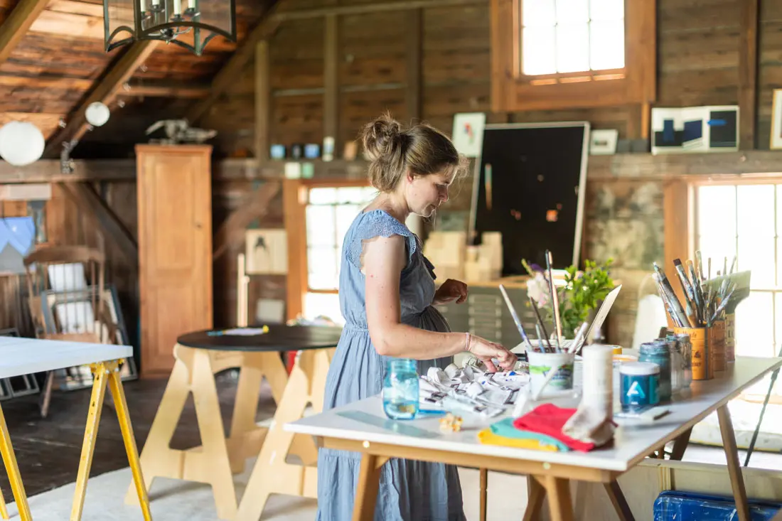 Greta Van Campen in her “summer studio” in her barn’s uninsulated second floor