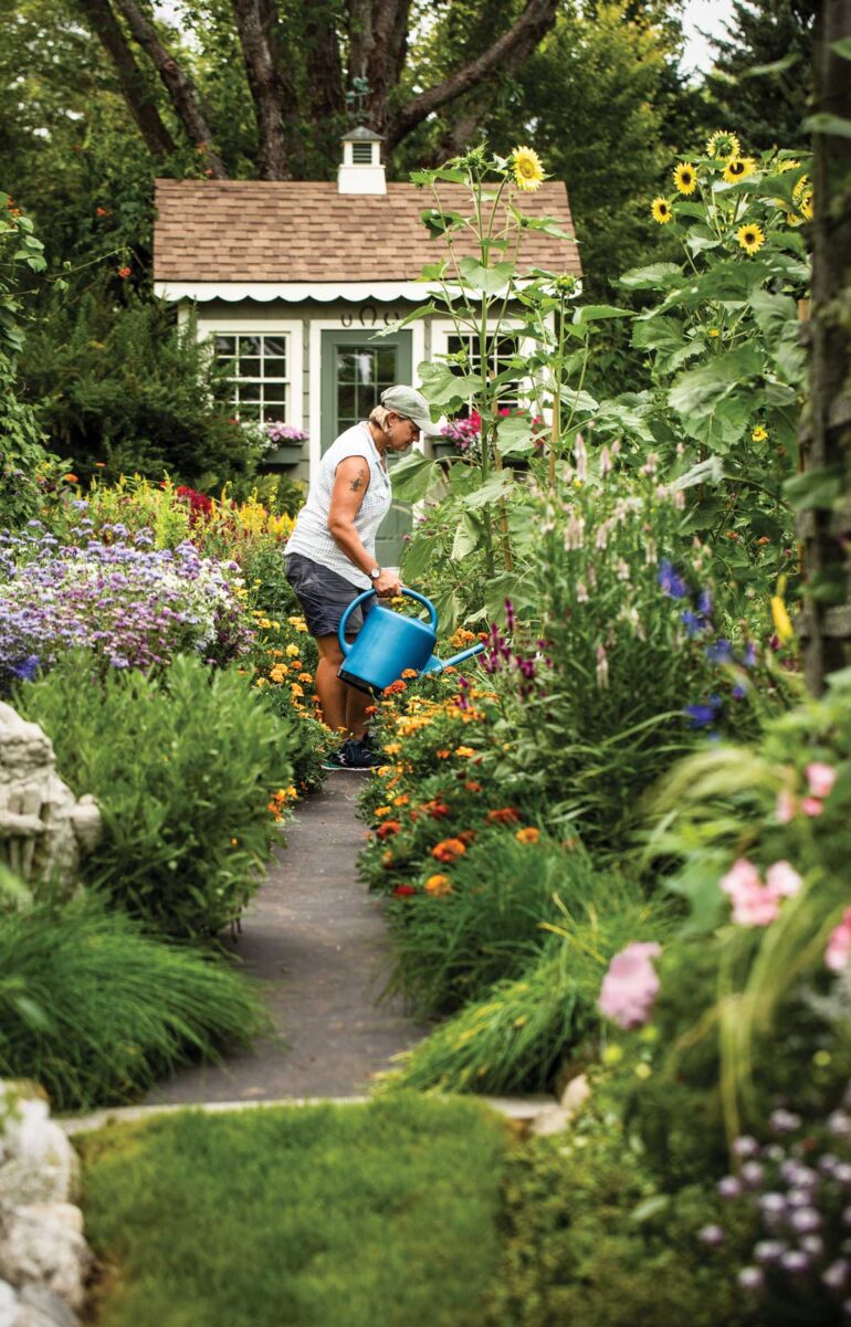 Leslie Clapp waters flowers in a cottage garden filled with herbs, vegetables, and annuals, including self-sowing sunflowers that rise 18 feet.