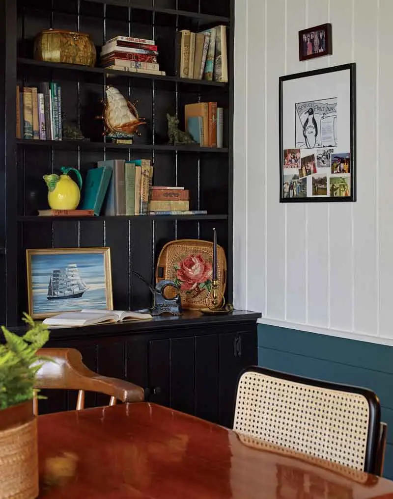 Bold Patterns and Paint Combos Transformed These Historic Hotels An office for guests is outfitted with repurposed furniture and art at the Spruce Point Inn