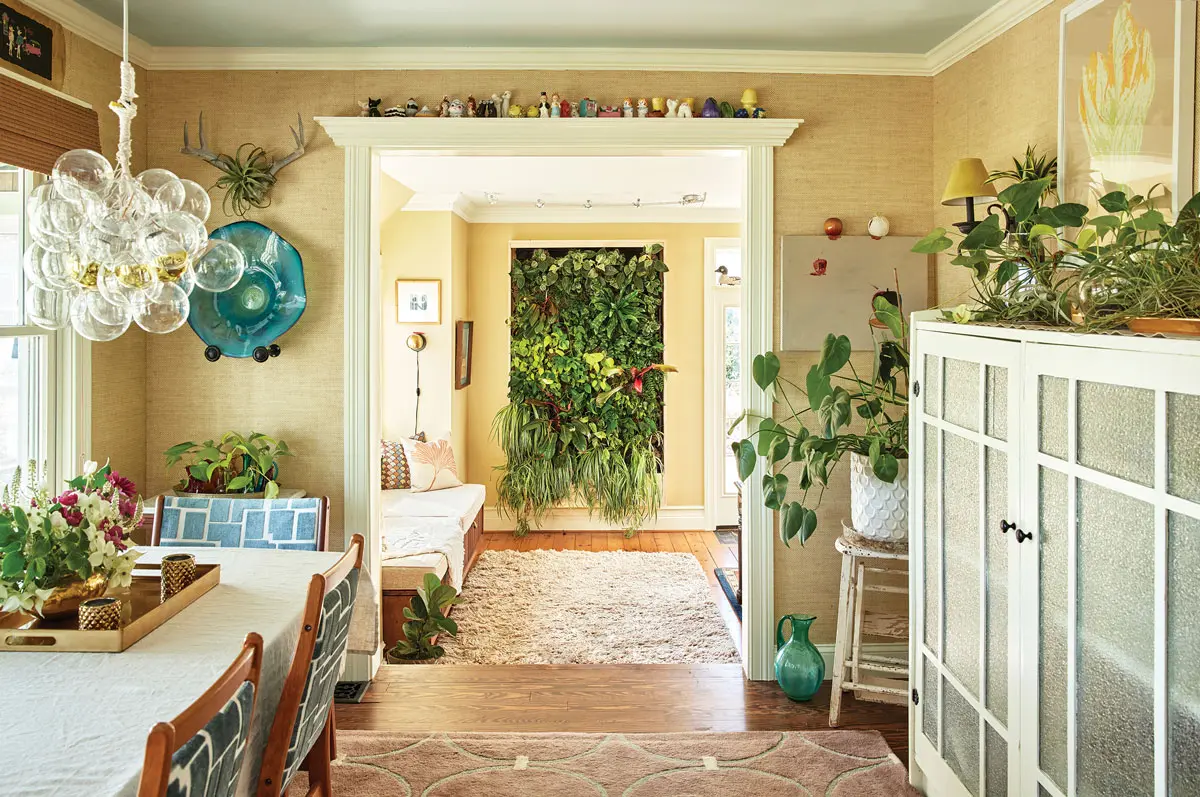 Fall2021_walls2 A seven-foot-tall “living wall” of philodendrons, ferns, pothos, and spider plants dominates the Brunswick living room of plant designer Cheryl Tyler