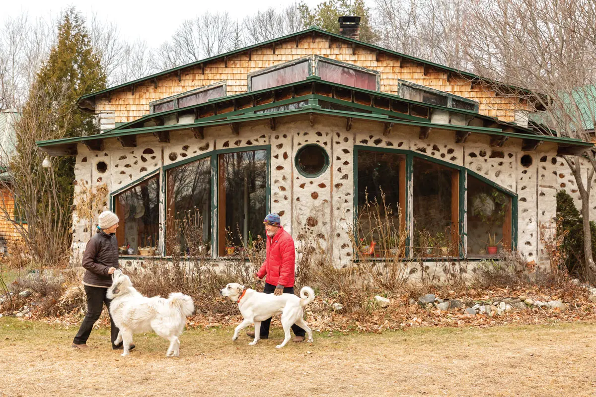 Sophia Maamouri and Jim Kennedy’s dodecahedral cordwood home, in South Paris, revises the genre’s typical round shape with flat walls that Maamouri felt would be easier to construct.